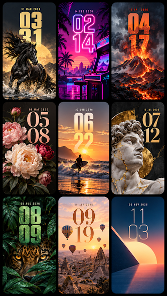 Wallpaper app screenshot showing a selection of colorful backgrounds